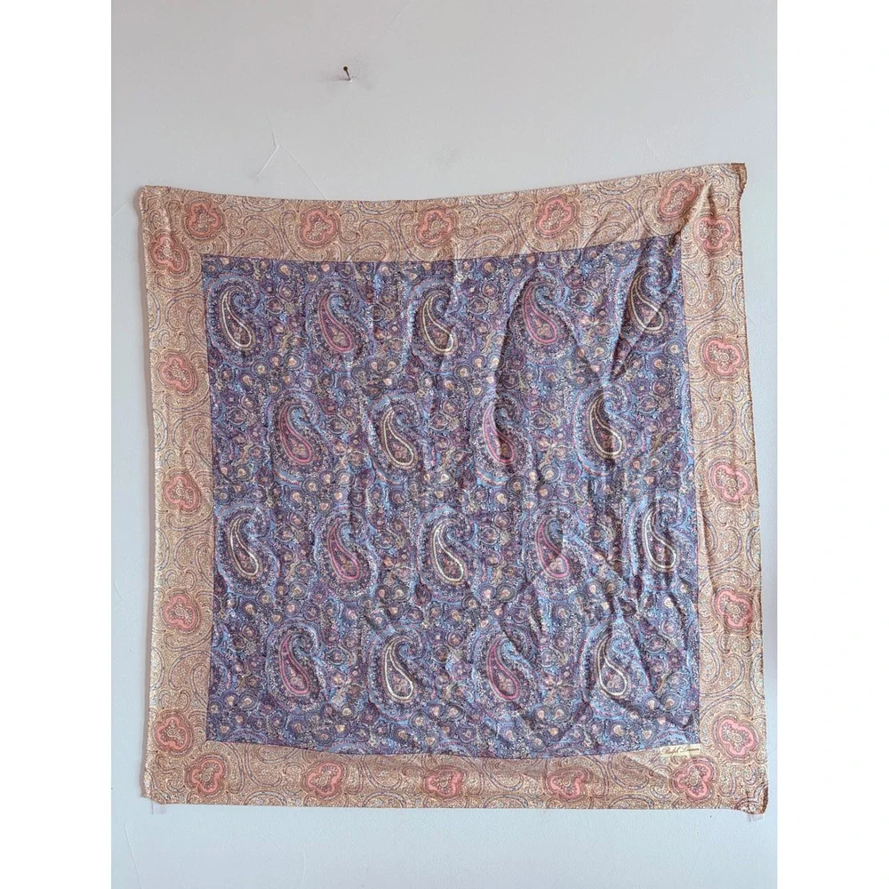 Vintage Ralph Lauren 100% Silk Paisley Square Scarf 34x34 Blue Pink Gold Italy